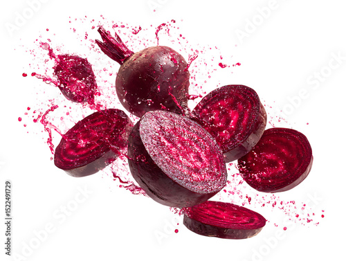 flying red beetroot and half slices on clipping path transprent