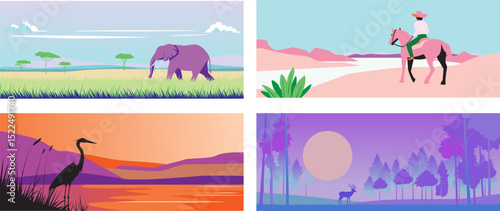 Set of wild natural landscapes, elephant in African savannah, man on horse in desert, heron on sunset lake, deer in night forest against moon. Set of beautiful vector natural landscapes.