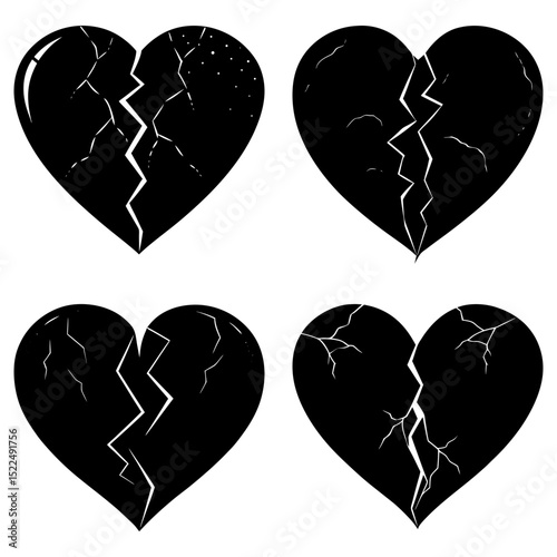 Four black broken hearts with cracks and fissures on a white background in a vector art design