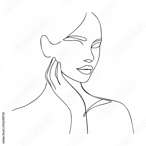 Minimalist line art illustration of a woman's face touching her cheek contemplatively