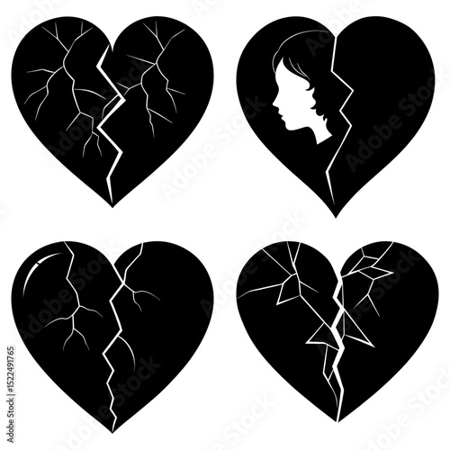 Four black broken hearts with cracks and a woman's silhouette against a white background design vector