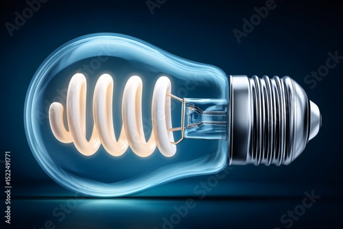 Glowing fluorescent light bulb saving energy on dark blue background