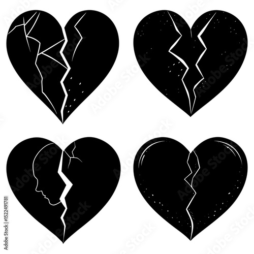 Four black broken hearts in different styles showing emotional pain and heartbreak on a white background