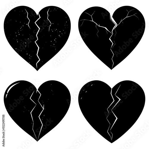 Four black broken hearts with white cracks symbolizing emotional pain and heartbreak in a graphic design layout
