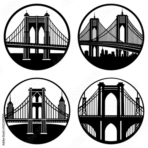 Four circular black and white illustrations showcasing different views of a suspension bridge design element