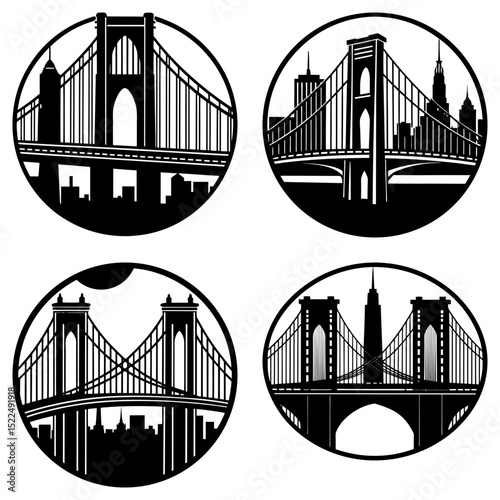 Four circular designs featuring the brooklyn bridge and new york city skyline in black and white vector art