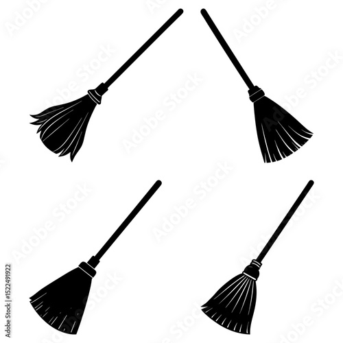 Four black and white witch brooms with different bristle styles arranged on a white background design