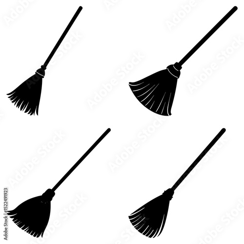 Four black silhouette images of brooms with long handles arranged on a white background pattern design