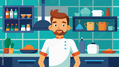 Cartoon Chef Portrait in Kitchen Scene with Shelves and Colorful Dishes