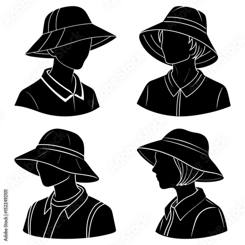 Four black and white silhouette portraits of people wearing wide brimmed hats and collared shirts