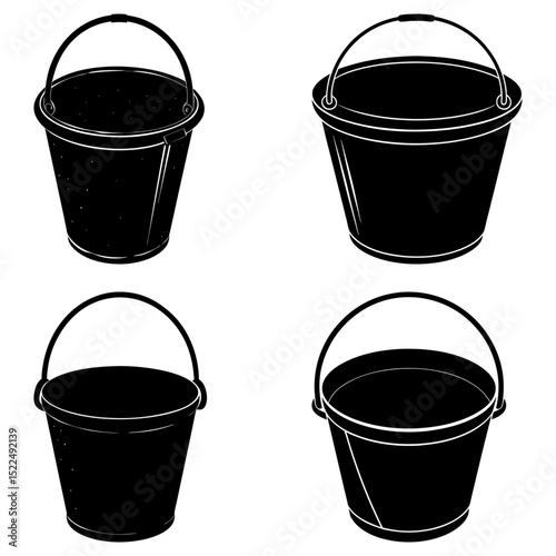 Four black buckets arranged in a square pattern with varying designs and handle styles displayed clearly