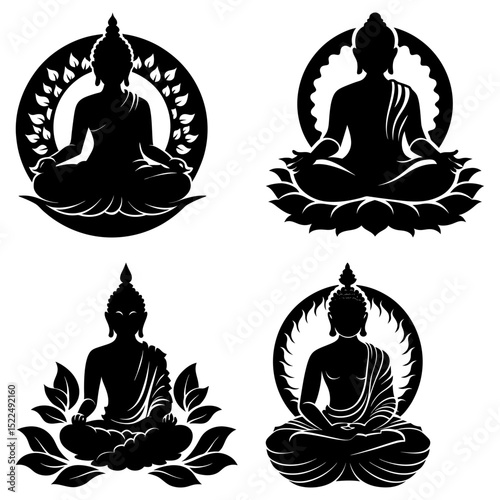 Four buddha silhouettes in meditation poses on lotus flowers and leafy circles in black and white