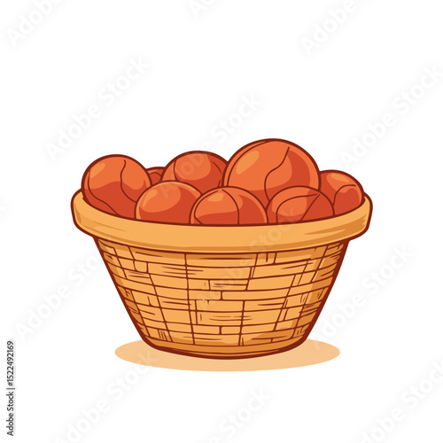 Wicker basket filled with ripe, juicy peaches. Fresh peaches in rustic basket for farmers market advertisement.  Basket liner design concept for online store product presentation.
