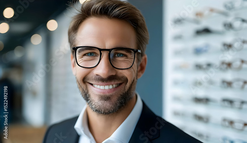 A smiling man wearing glasses in a stylish optical store, showcasing confidence and professionalism.