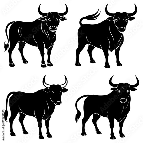 Four black bull silhouettes with curved horns in various poses on a white background illustration