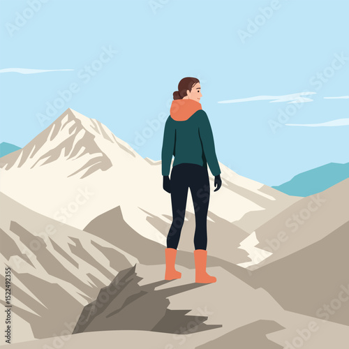 Woman stands at the edge of a rocky ridge, gazing at the snow capped mountains in quiet reflection. Flat vector illustration isolated on white background