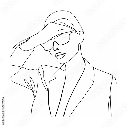 Elegant one line drawing of a stylish woman in blazer and sunglasses with hand gesture