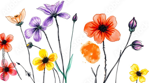 Hand-drawn watercolor flowers – Red, purple, and yellow blooms