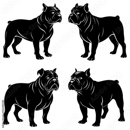 Four black bulldog illustrations in different poses against a white background artfully displayed