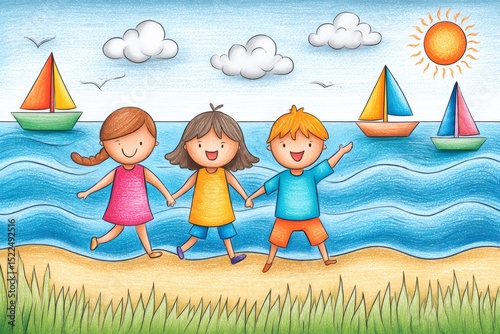 Happy children holding hands and walking on beach in summer