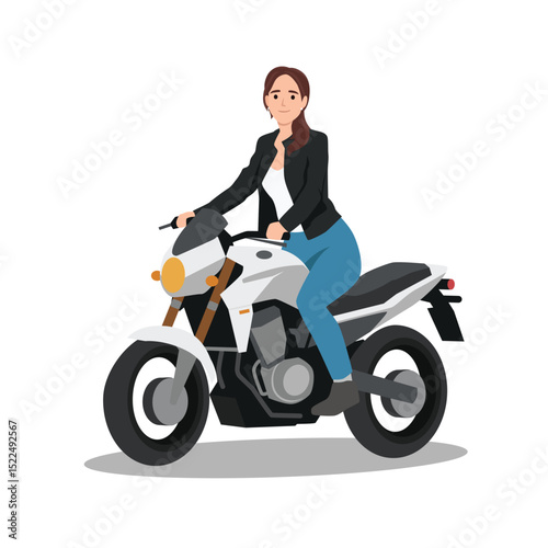 Stylish Woman Riding a Motorcycle. Flat vector illustration isolated on white background