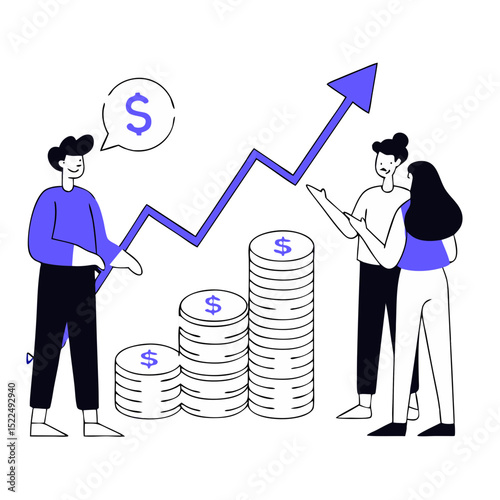 Investment management concept. Men and girls near large piles of coins, company or organization. Financial literacy and passive income, increase in earnings. Cartoon flat vector illustration