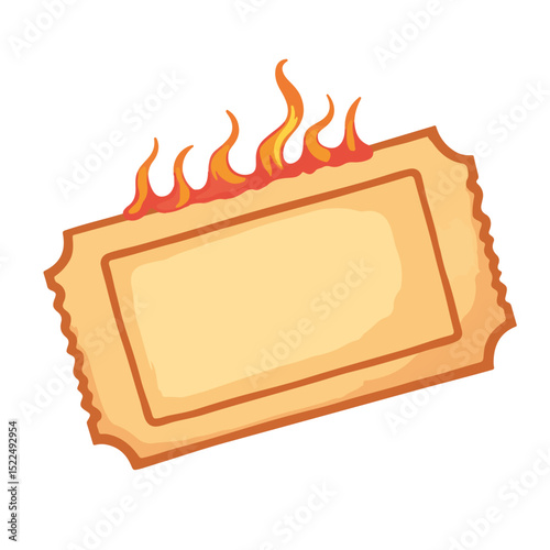 Burning ticket stub with flames.  Ticket is on fire, a symbol of missed opportunity or lost chance. This image of burning ticket is perfect for illustrating concepts of regret, lost chances,