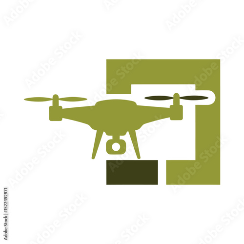 Olive Green Drone Silhouette with Camera and Abstract Geometric Shape