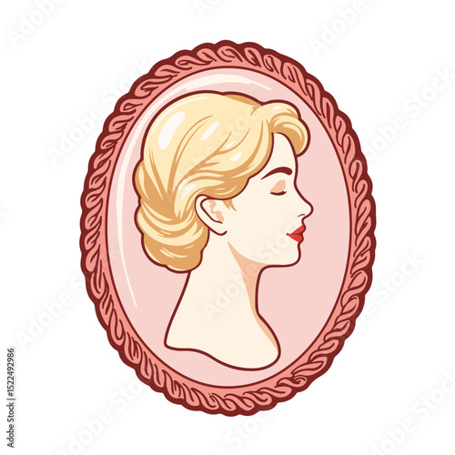 Elegant cameo brooch with blonde woman profile portrait.  Intricate design features a classic oval frame and delicate rope border.