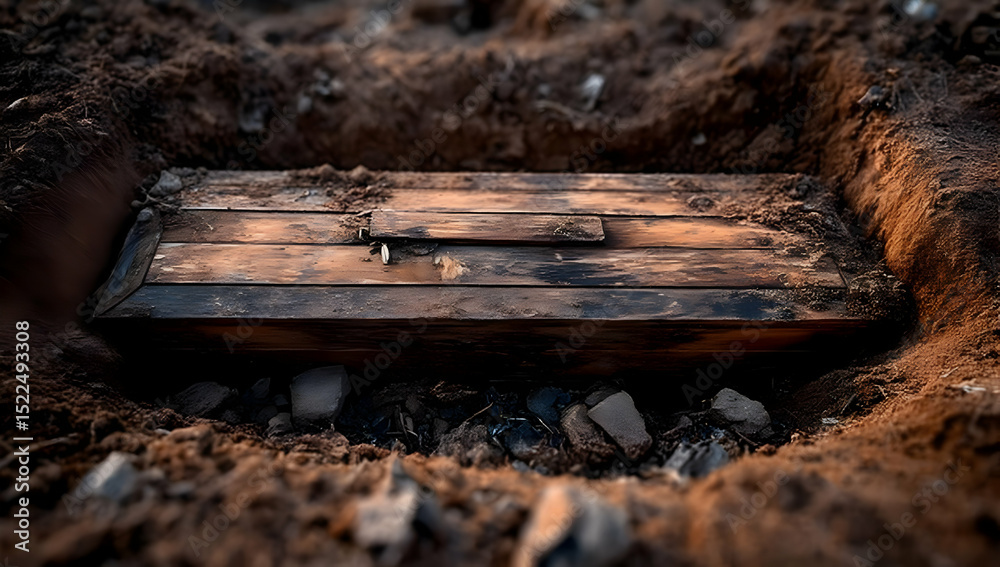 Fototapeta premium An open grave with a wooden coffin partially visible, surrounded by soil and rocks, evoking themes of mortality.