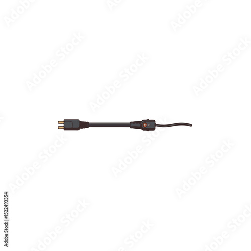 Closeup of black cord splitter with two plugs and switch.  This small electronic component is ideal for splitting audio or video signals.
