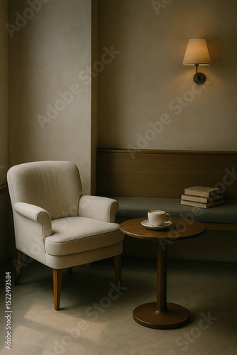 Cozy corner with a chair and coffee table.