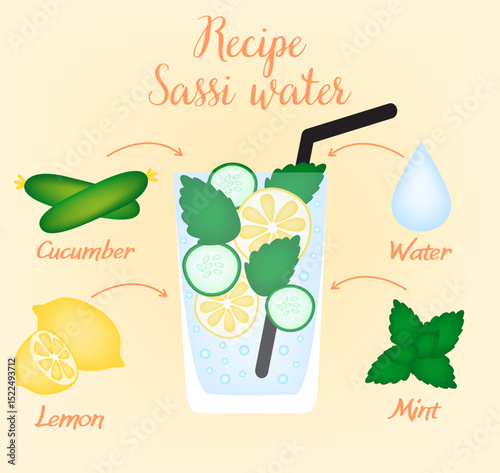 Illustration of sassi water recipe with ingredients on light pink background.