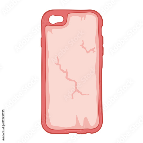 Cracked phone case design. This damaged phone case shows cracks and scratches on pink surface. Damaged phone case design is perfect for repair shop advertisement or mobile phone insurance company.