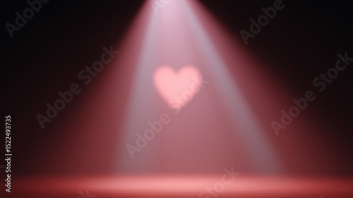 A single spotlight shines on the center of an empty stage, casting its light in a soft pink hue onto a large heart-shaped shadow. Valentine's Day card