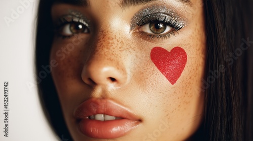 Glam. Young woman with silver metallic eyeshadows and a red heart on her cheek. Fashion. Closeup portrait photograph. Beauty
