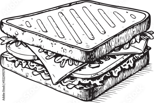 croque monsieur sandwich Vector Illustration, Sketch Drawing Line Linear Symbol Icon Engraving Coloring Book, Hand-drawn Black and White Isolated