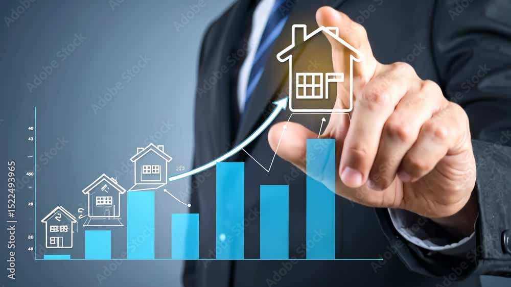Rising Real Estate Market Concept with Businessman Interaction on Chart Display