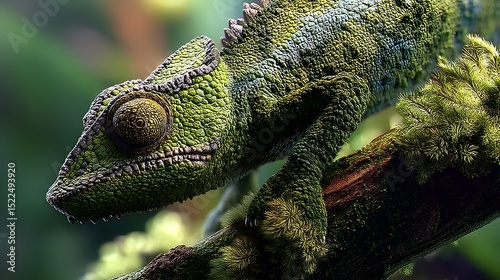 A close-up of a chameleon's textured skin as it grips a mossy branch in a rainforest.