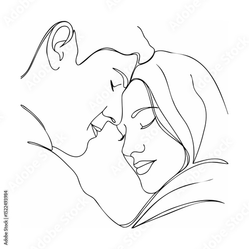 A romantic embrace of a couple in a single line art illustration