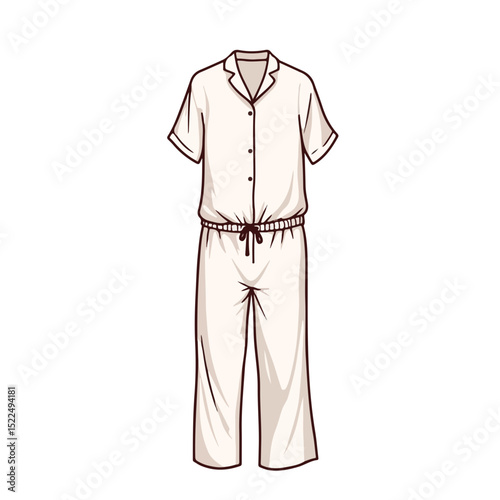 Comfortable drawstring pajama jumpsuit.  Relaxing pajama set with drawstring waist and short sleeves. Stylish pajama design for online store catalog or website.