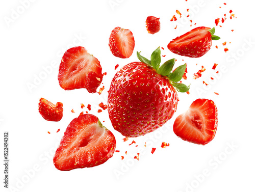 flying strawberries fruit and half slices on clipping path transprent