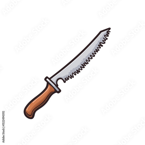 Old dusty blade with wooden handle and serrated edge.  A vintage, rusty saw blade perfect for rustic designs. This aged, dull blade image is ideal for creating a grunge aesthetic,
