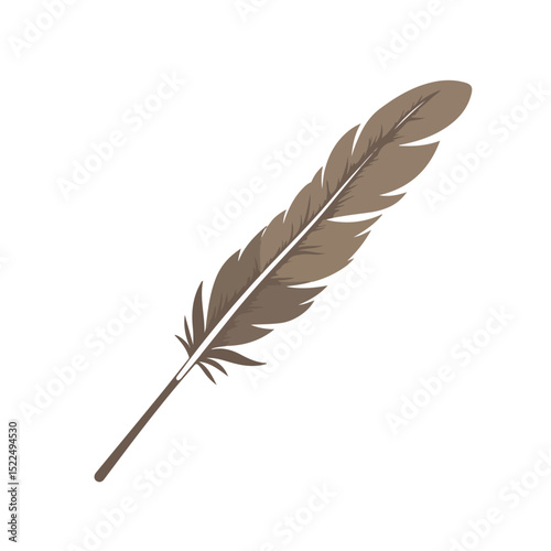 Single brown feather quill pen isolated on white background.  Detailed feather quill with a thin wooden stick.