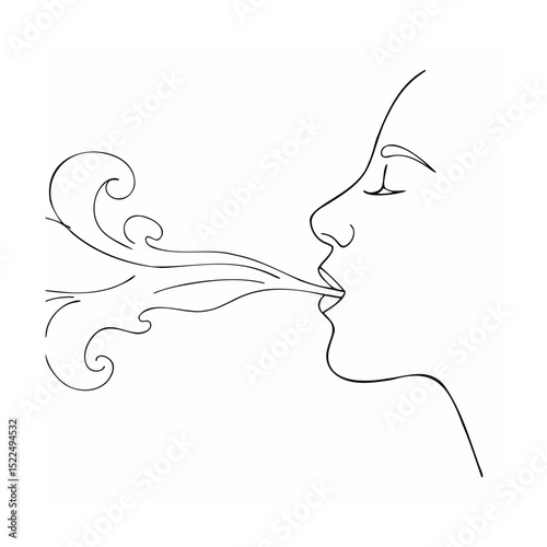 Artistic line drawing of a woman exhaling breath with delicate swirls and lines