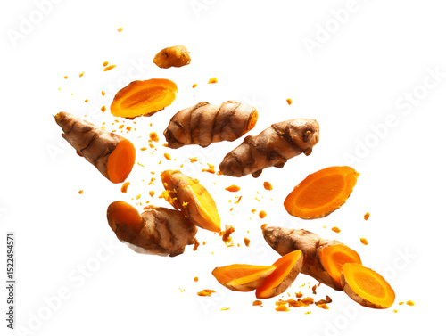flying whole turmeric root with half slices on clipping path transprent