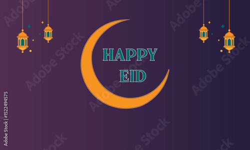 Eid Mubarak Background with Moon and Hanging Lanterns - Islamic Festival Art