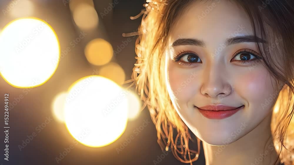 Asian Woman Smiling in Warm Bokeh Lights