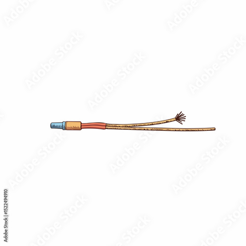 Damaged electrical wire with frayed ends and insulation. Closeup of worn electrical cable showing exposed copper wires. This image of a broken cable is perfect for repair manuals,