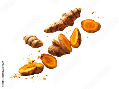flying whole turmeric root with half slices on clipping path transprent